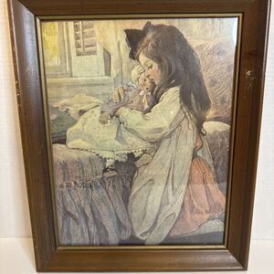 Jessie Willcox Smith Nursing Dolly Bedtime Antique Wood Frame 16”X 13” Cottage